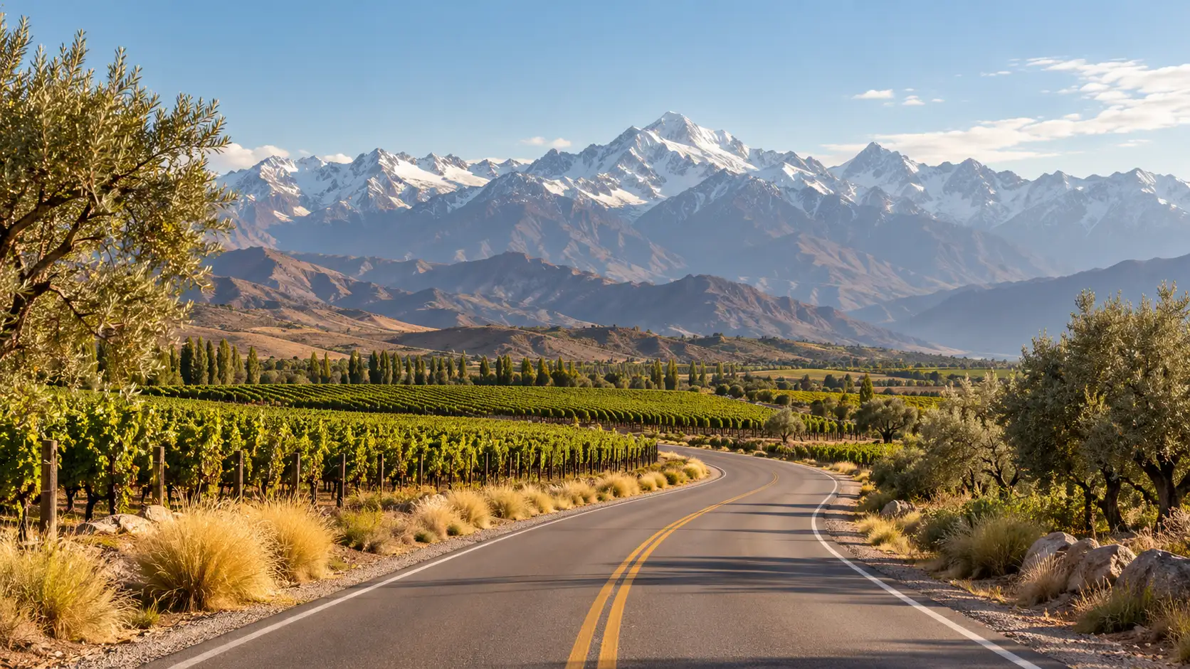 Camino entre viñedos hacia la cordillera nevada de los Andes en Mendoza